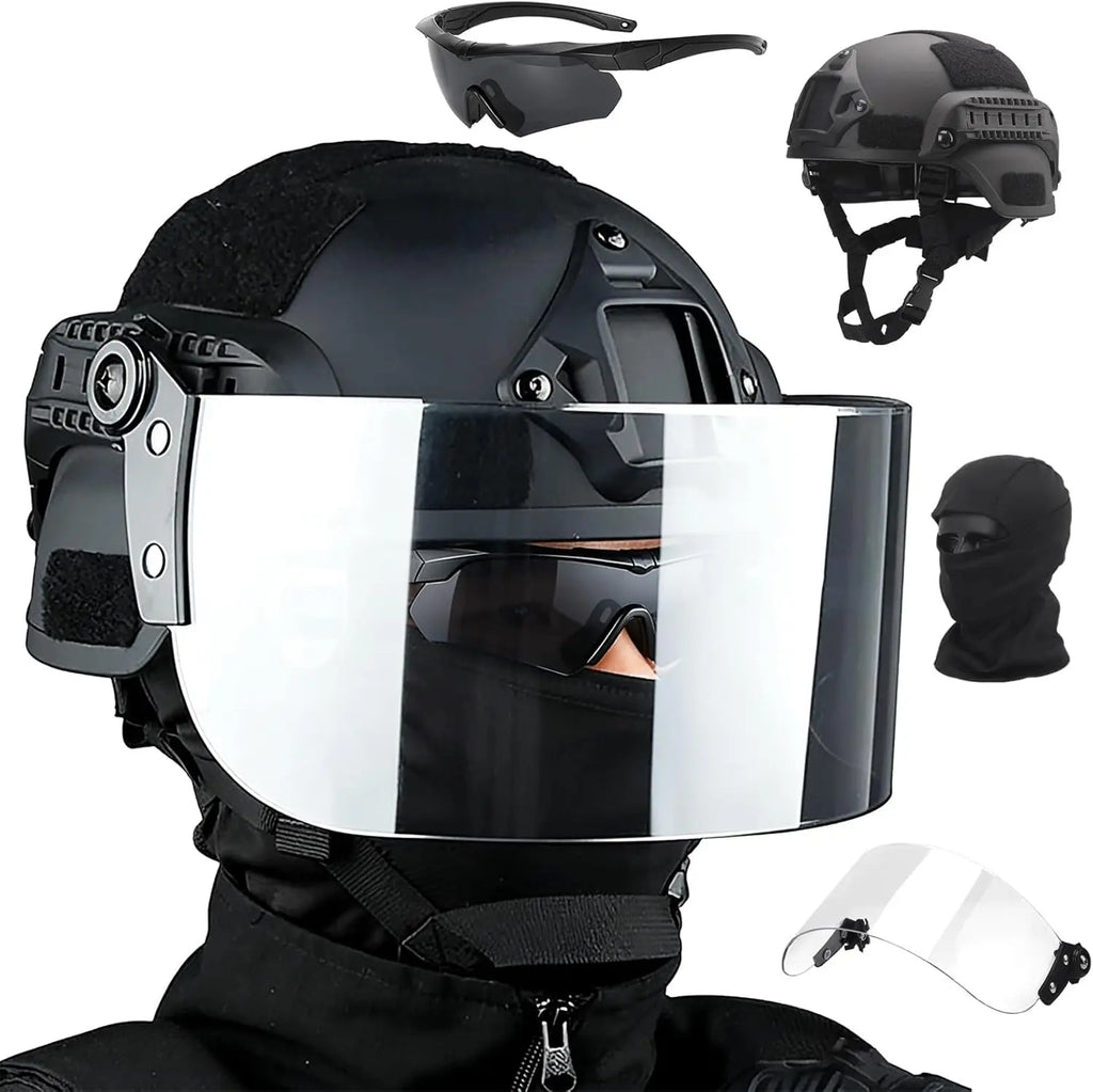 Tactical Helmet Set Adjustable Airsoft Helmet with Transparent Visor Goggles Full Face Mask for Outdoor Sports Hunting Shooting