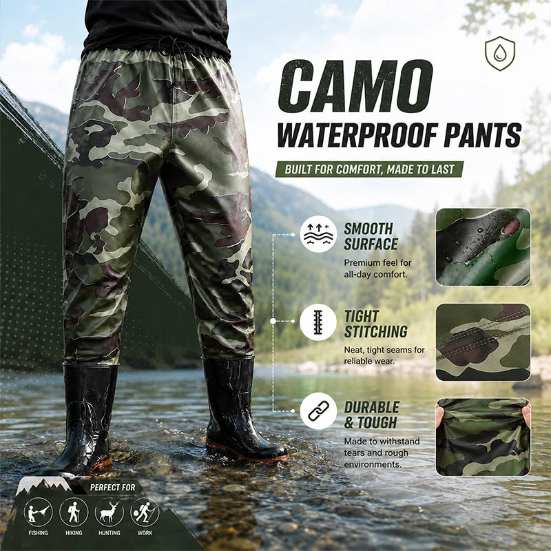 Camo Waist Waders Fishing Pants with PVC Boots, Adjustable Drawstring Wading Trousers, Lightweight Outdoor Hunting Hiking Gear