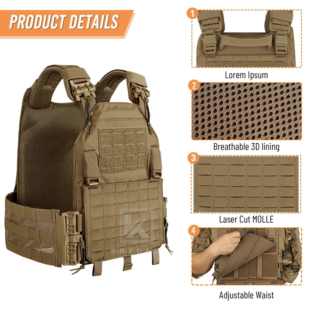 KRYDEX Tactical LAVC Laser Cut Molle Plate Carrier Body Armor Airsoft Outdoor Combat Men Vest