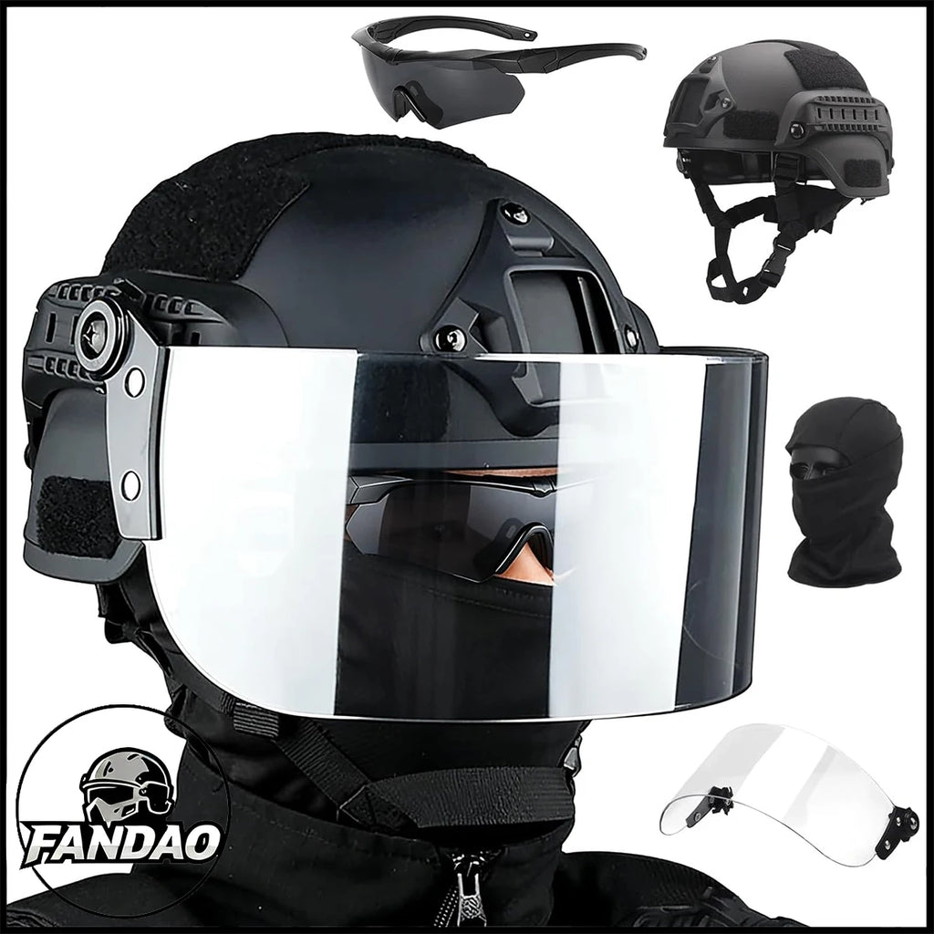 Tactical Helmet Set Adjustable Airsoft Helmet with Transparent Visor Goggles Full Face Mask for Outdoor Sports Hunting Shooting