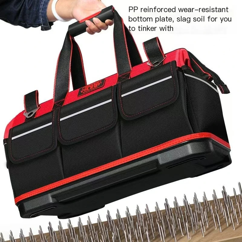 A Red Electrician'S Tool Bag Available in 17-Inch, 19-Inch, And 23-Inch Sizes, Featuring a Large Pocket Made of Canvas And Oxford Cloth, Designed for Heavy-Duty Use. It'S Suitable for Electricians, Home Improvement, Fishing, And Various Repair Tasks