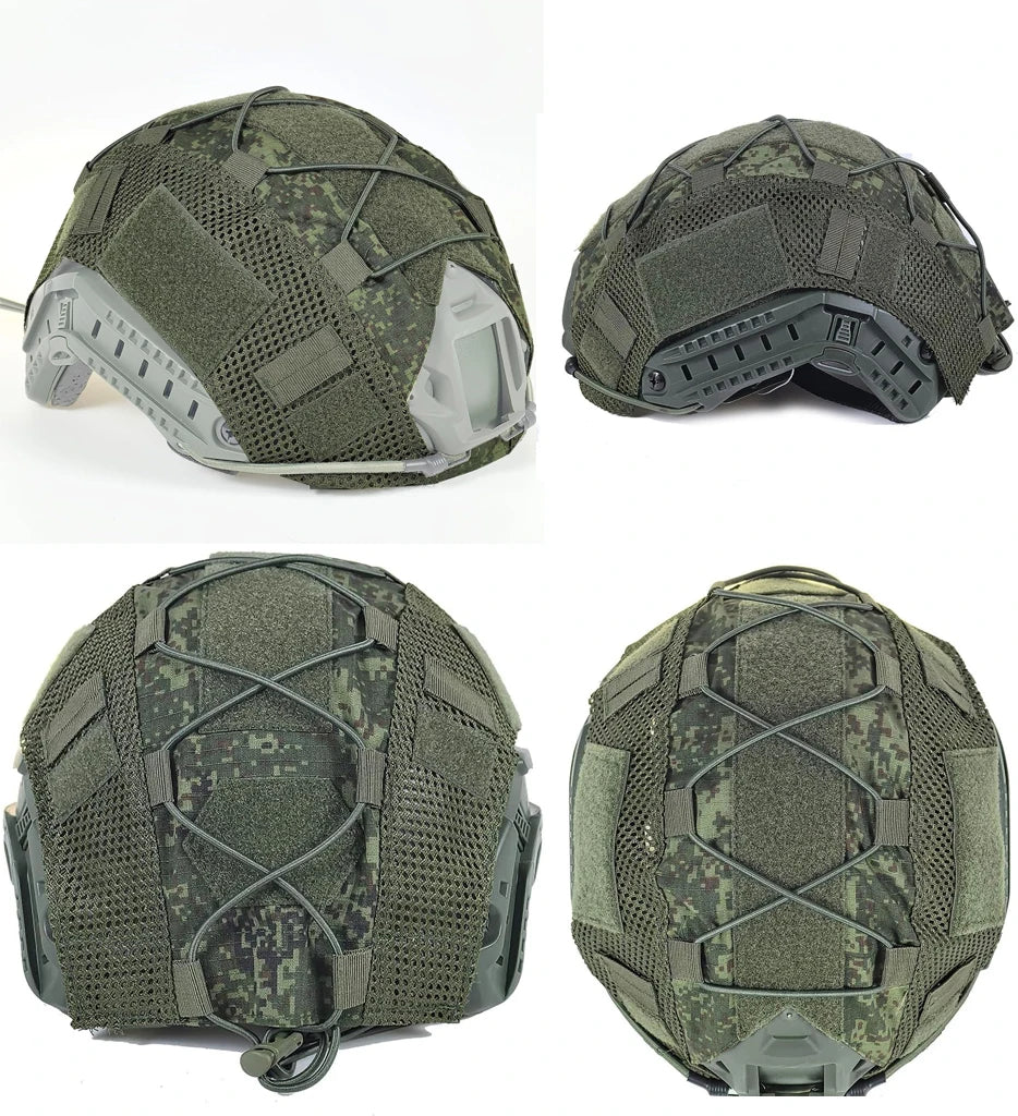 Tactical Fast Helmet Set with Little Green EMR Camouflage Helmet Cover Balaclava Communication Headset for Airsoft Paintball