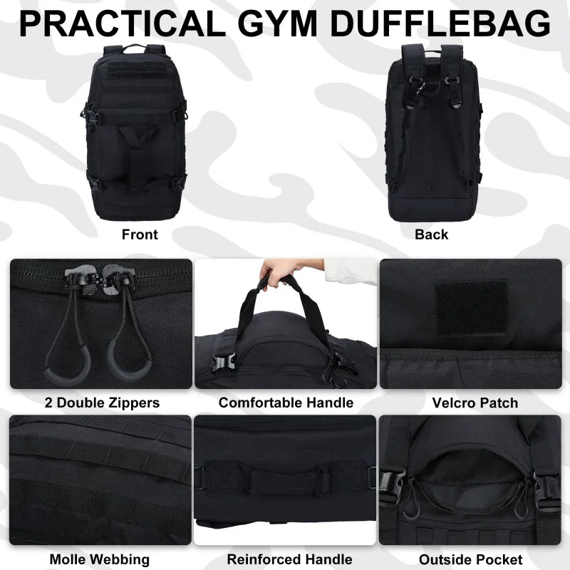 Men Women Gym Duffle Backpack 45L Waterproof Tear Resistant Weekender Travel Workout Bag for Military Sports Basketball Football