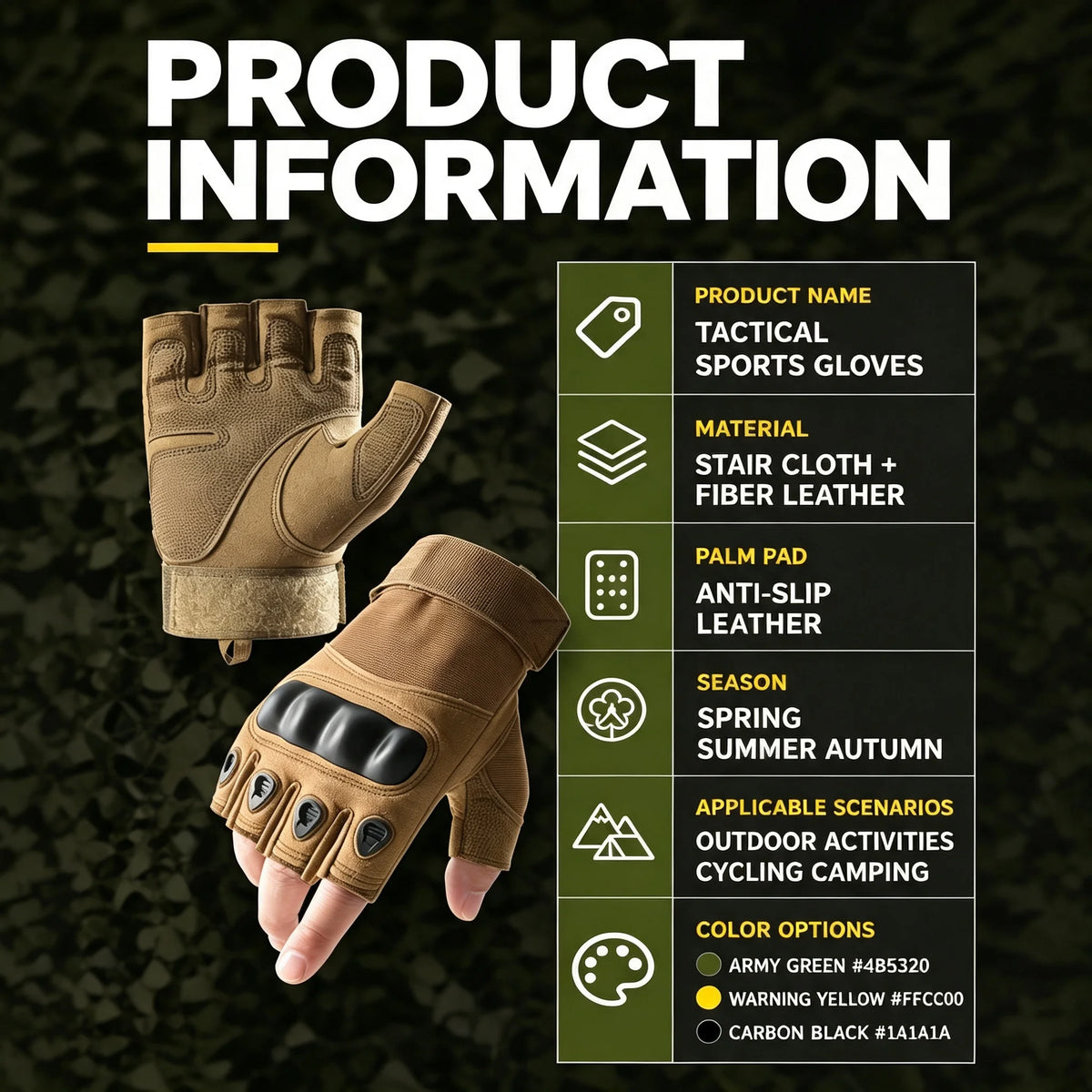 Men Half Finger Tactical Gloves Knuckle Protection Anti‑Slip Breathable for Riding Climbing Camping Outdoor Sports Gloves