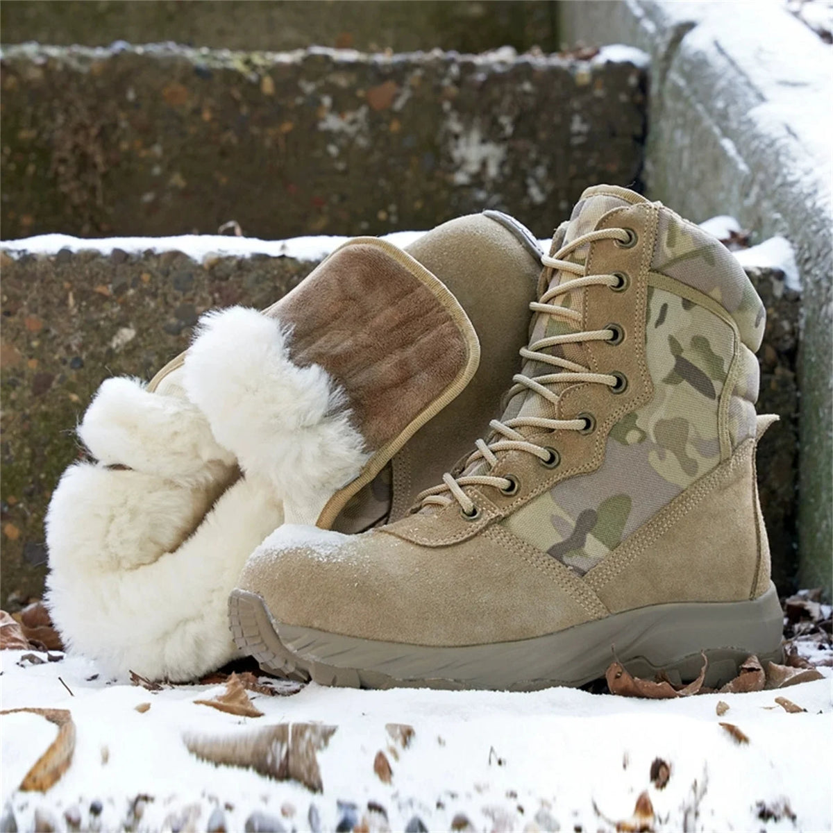 Winter Camouflage Wool Lining Warm Hunting Boots Men's Outdoor Non-Slip Waterproof Snow Shoes Hiking Mountaineering Boots