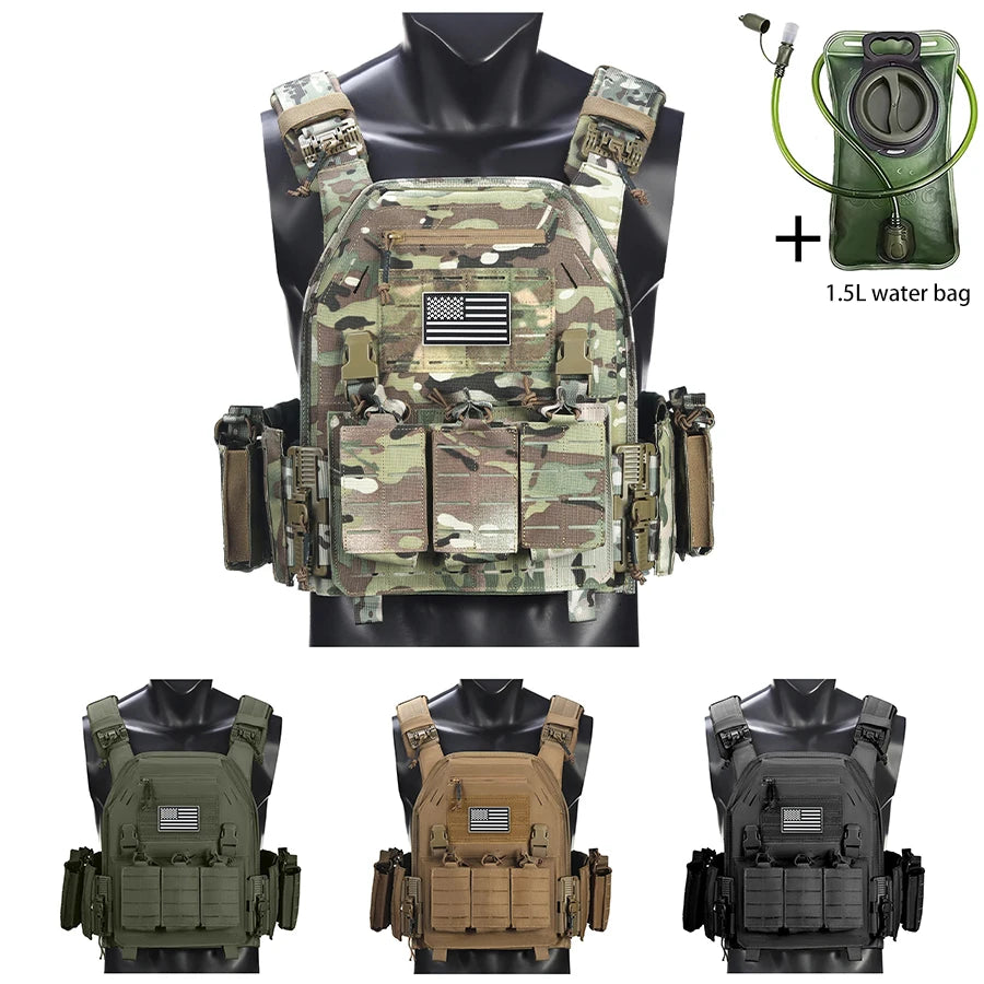 Outdoor camouflage vest with modular pockets and 1.5-liter water bag, suitable for hiking and exploration