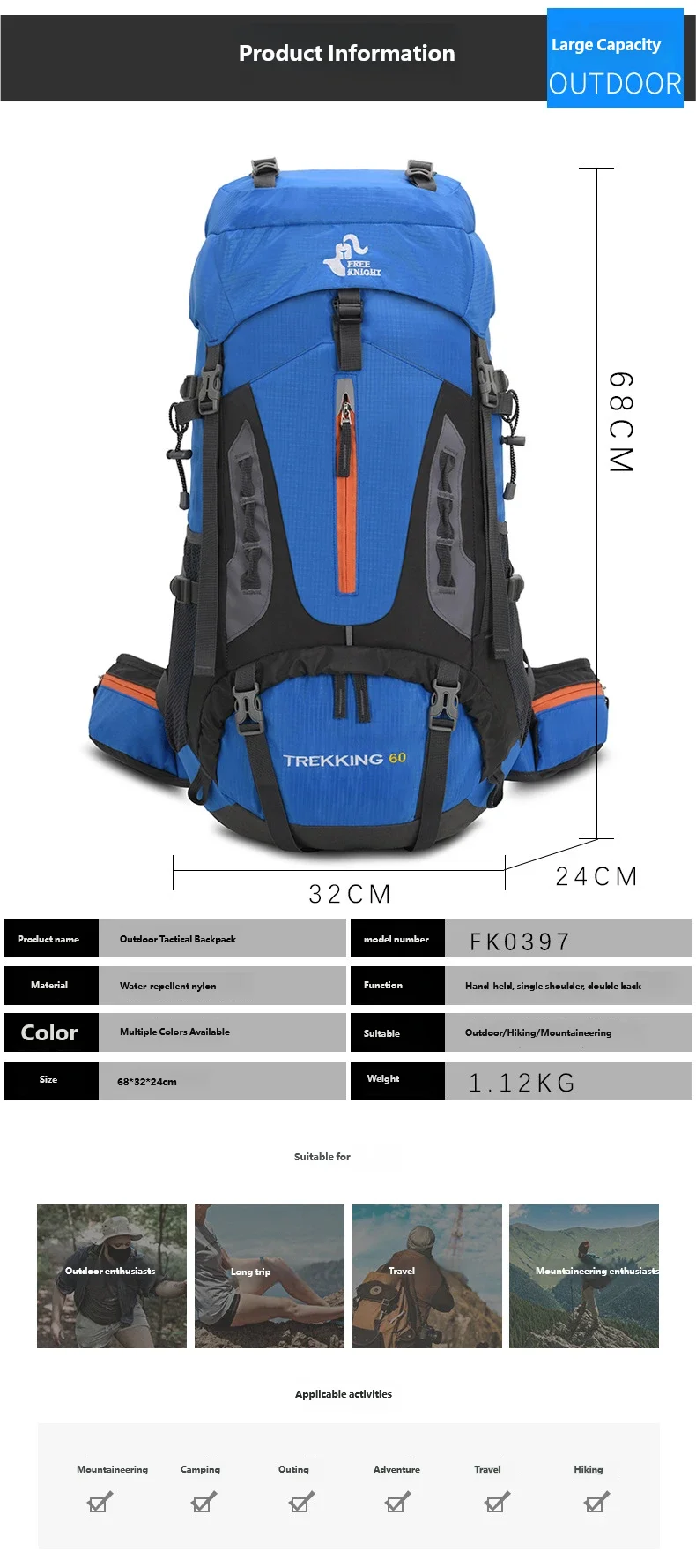 60L Camping Backpack Men's Travel Bag Climbing Rucksack Large Hiking Storage Pack Outdoor Mountaineering Sports Shoulder Bags