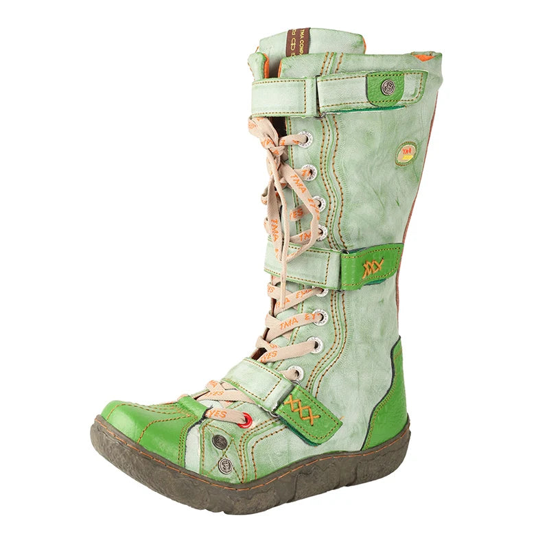TMA EYES Strape-Accent Washed PU Leather Flat  Winter Warmth Women's Boot With Plus Size