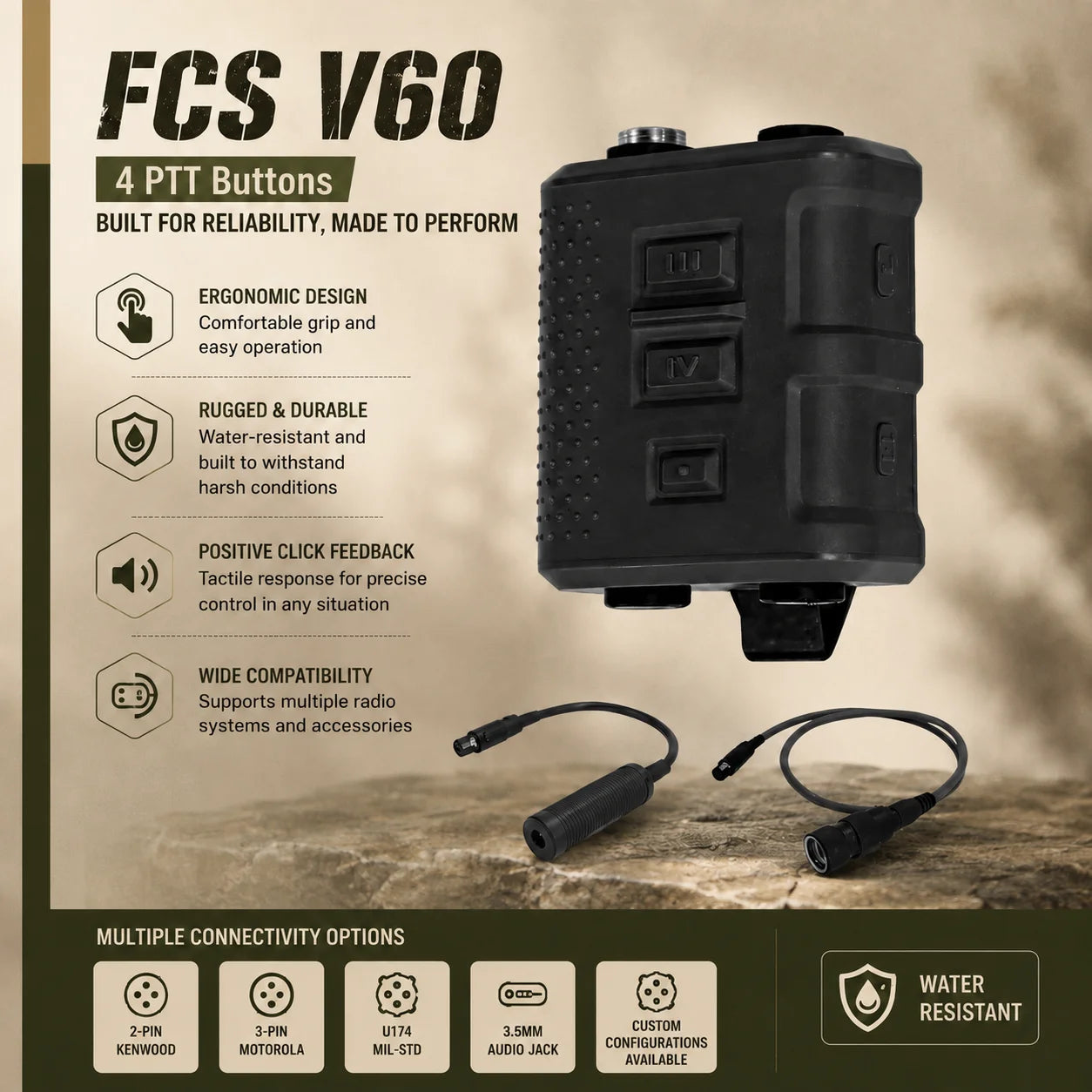 Tactical FCS V60 Dual Channel Transmitter Receiver Connector For AMP Headset Comtac3 HeadSet 6 PIN Adapter Cable KN6 To U174/U