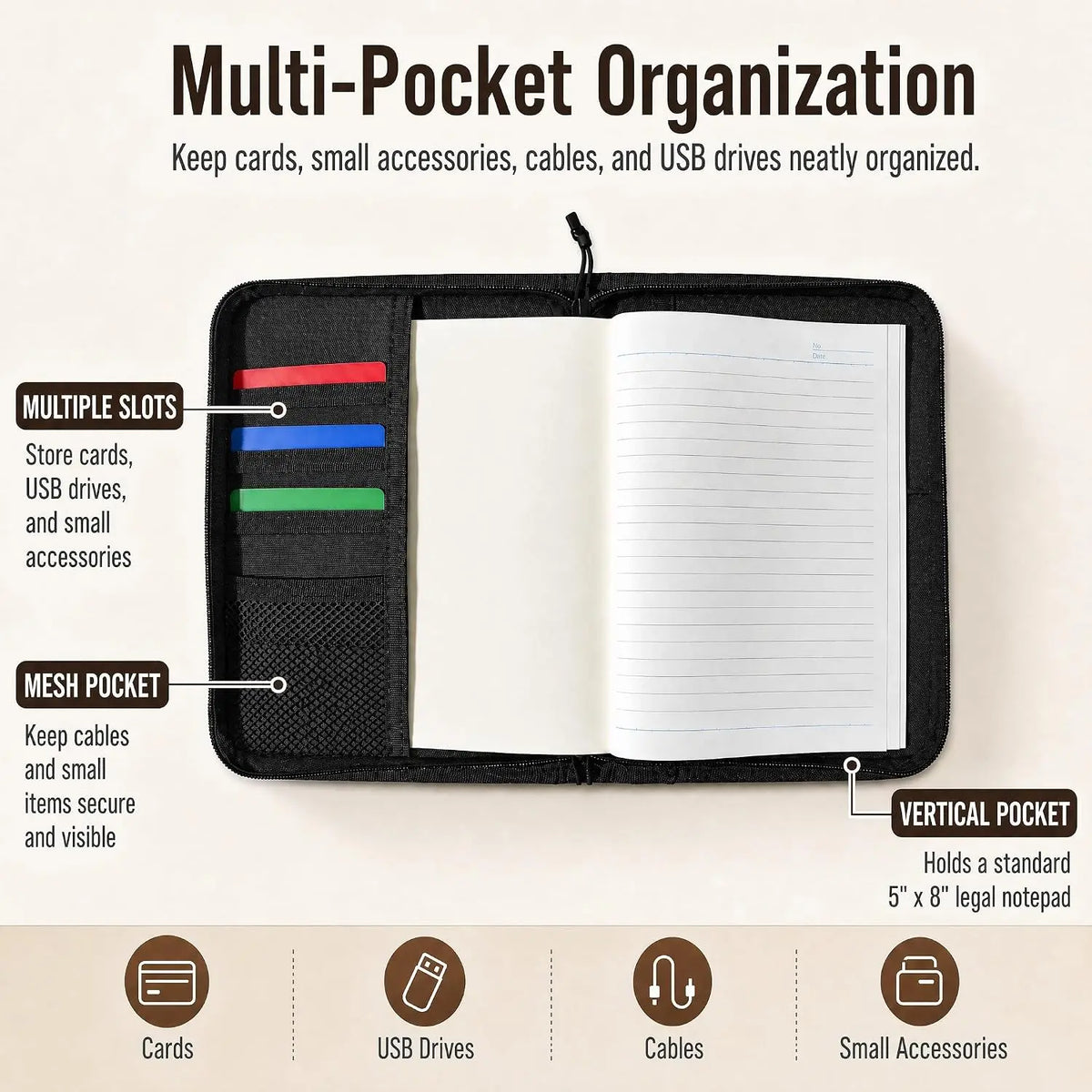 Tactical Notebook Cover A5 Notebook Case Multi-Pocket EDC Organizer Journal Pouch Zippered Sketchbook Hunting Field Notes Cover
