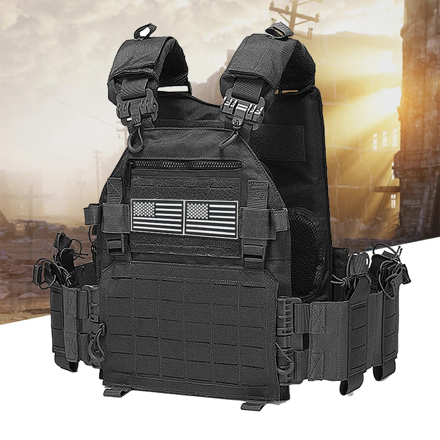 Black Multifunctional Hunting Vest with National Flag Sticker, Suitable for Outdoor Sports