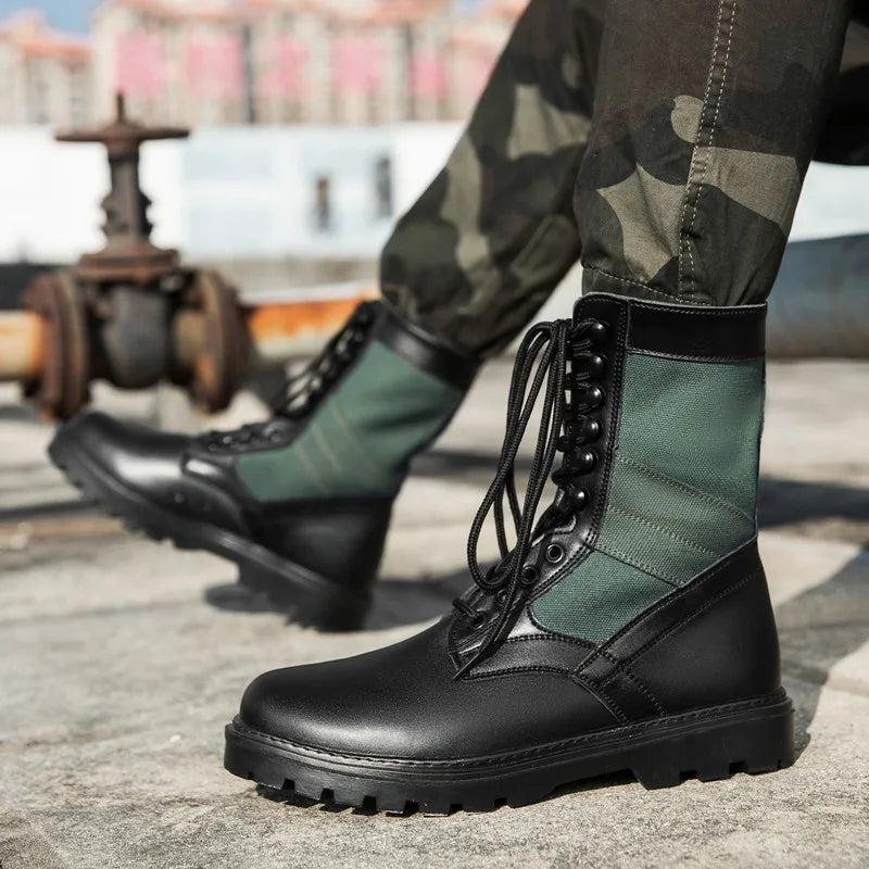 Men Combat Boots  Green Canvas Patchwork High Top Men Tactical Boots Lace Up Non Slip Outdoor Hiking Work Ankle Boots Men