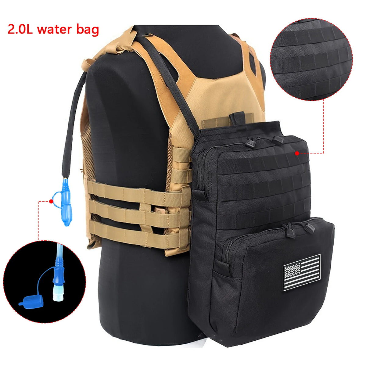 2L soft water bag with accessories backpack, designed to be attached to a MOLLE system vest for use in outdoor sports