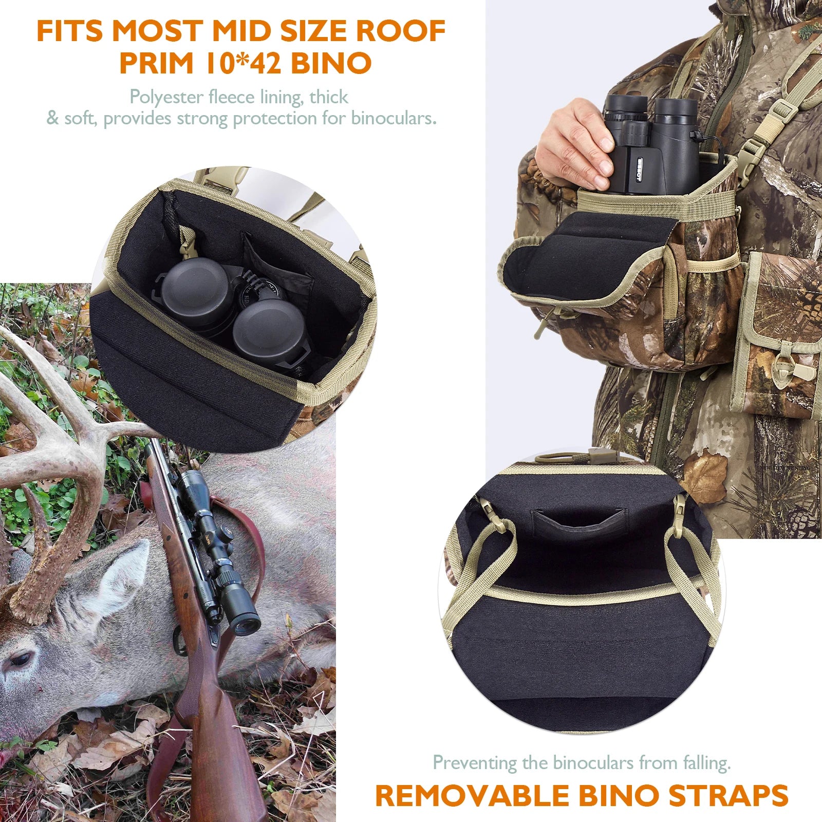 NEW VIEW Quiet Binocular Harness Chest Pack with Detachable Rangefinder Pouch, Adjustable Bino Harness & Rain Cover