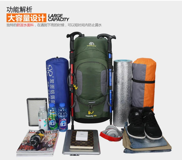 60L Hiking Backpack Men Women Large Capacity Outdoor Camping Rucksack Waterproof Travel Bag Mountaineering Trekking Bag