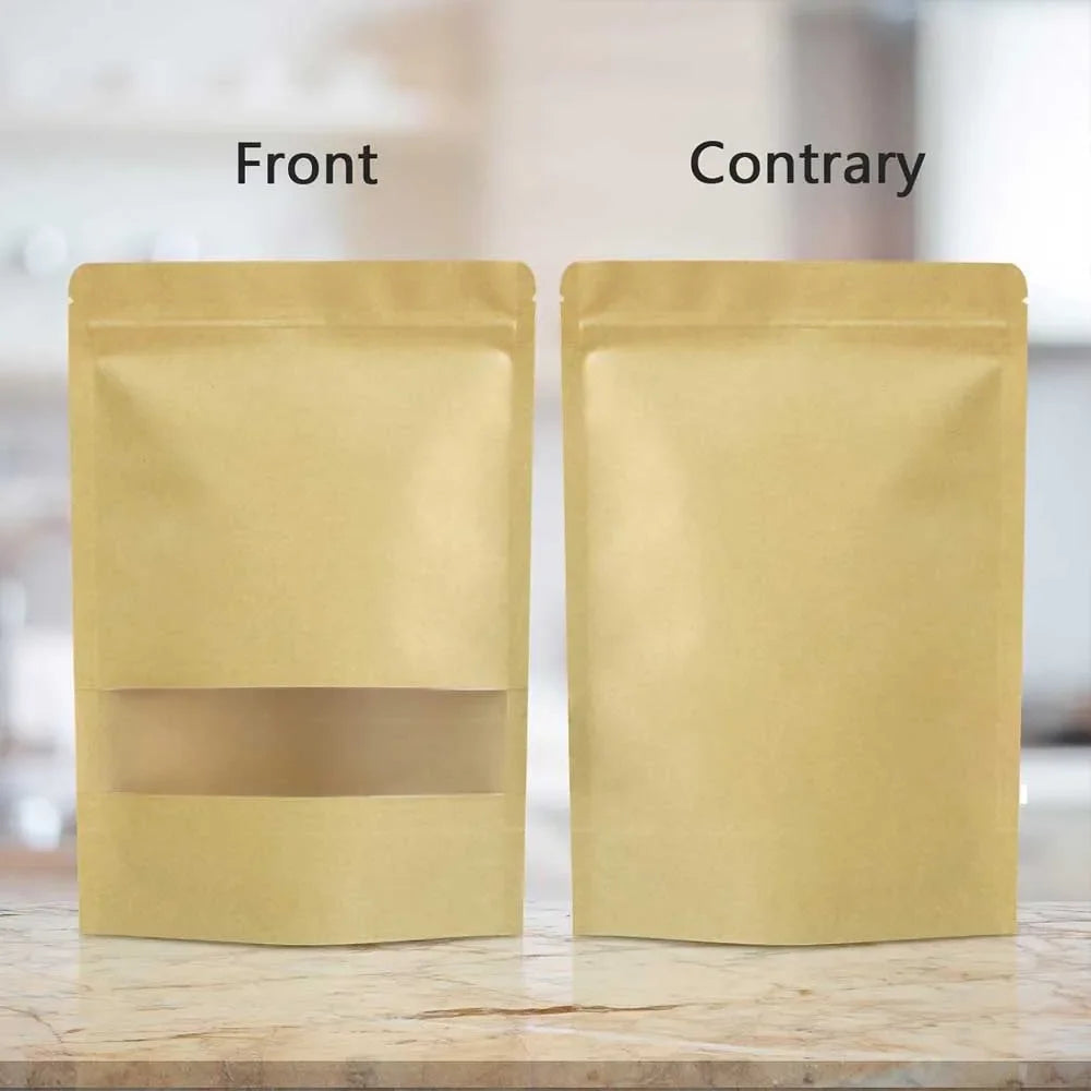 10-50pcs Customizable Logo Zipper Kraft Paper Window Bags for Biscuits Nuts Snacks Tea Packaging Seal Self-Sealing Bags