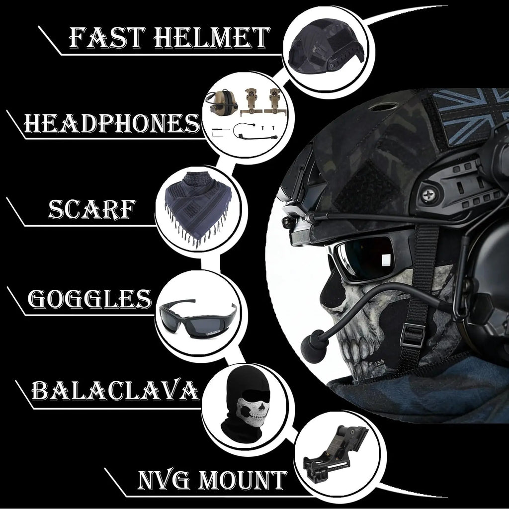 Tactical Helmet Set Airsoft Fast Protection Helmet 7-in-1 Set with Headphones PVS-14 NVG Bracket Glasses for Outdoor CS Cosplay