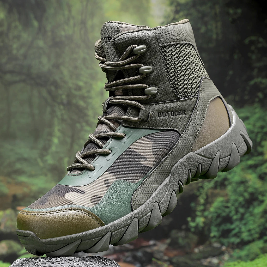Outdoor tactical boots, camping and hiking boots, high-top military-style training boots, hunting boots.