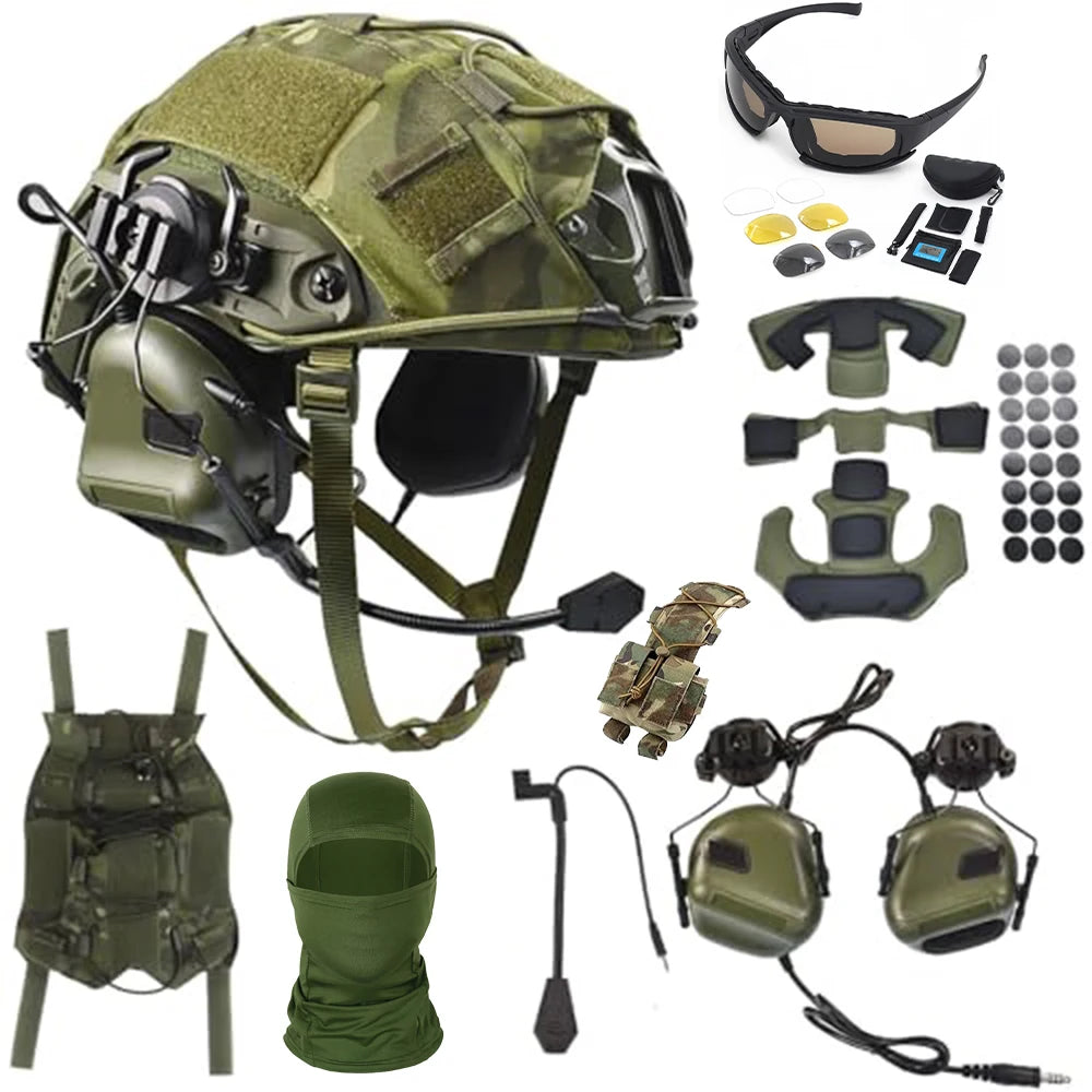 Airsoft Fast Helmet Set Tactical Paintball Helmet with Headset Memory Foam Protective Pad Adjustable Size for Adult Teenager