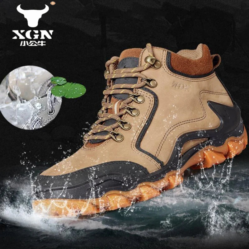 XGN Cowhide Outdoor Hiking shoes Men's waterproof hunting Boots Tactical Desert Combat travel Boots Ankle trekking Sneakers