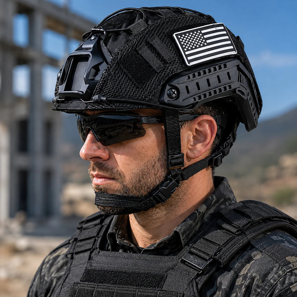Tactical Fast PJ Helmet with Helmet Cover Pads Airsoft Paintball Combat Training Protection ABS Helmet with Magic Patches