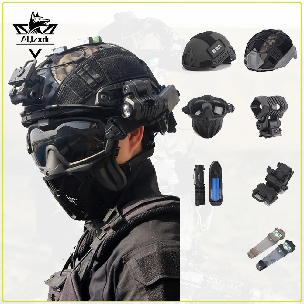 Tactical Helmet Set Fast Airsoft Protective Helmet with NVG Mount Mask flashlight Outdoor CS Paintball Hunting Cosplay Halloween