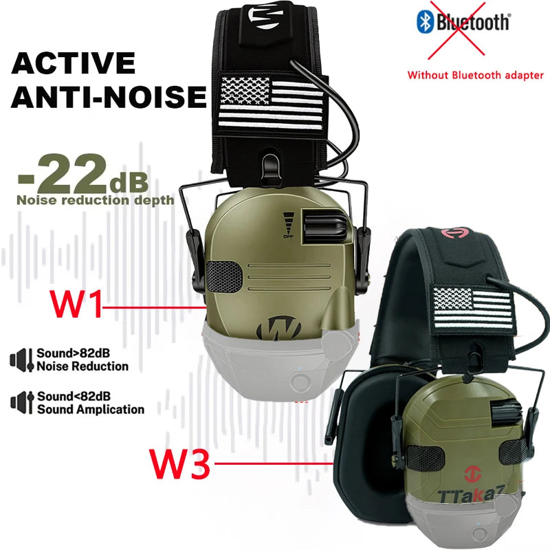 W1/W3 Electronic Shooting Earmuff Anti-noise Headphone Sound Amplification Hearing Protection Headset Foldable（BT Optional）