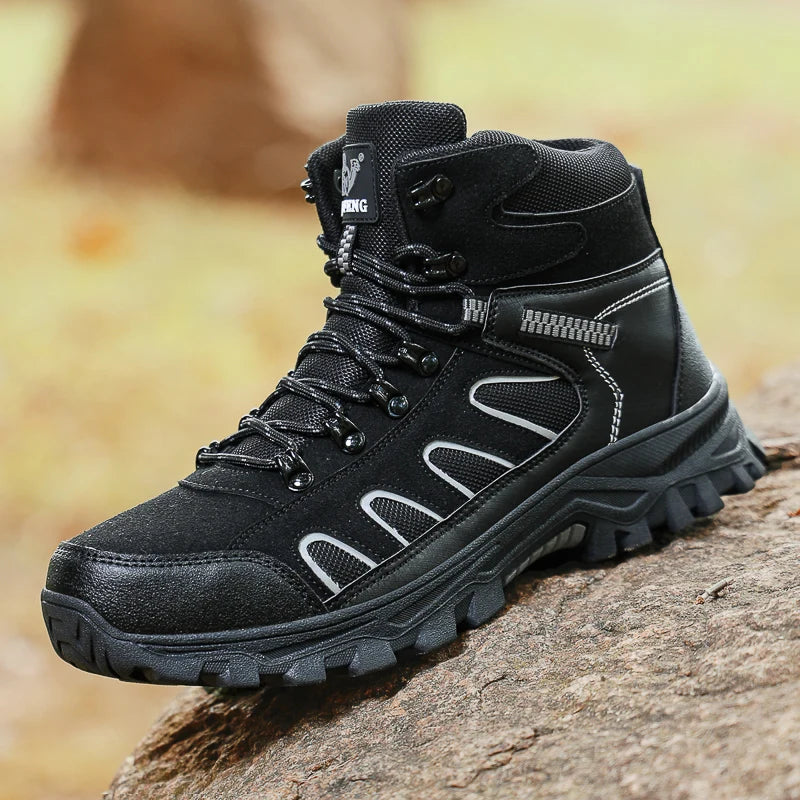 Mens Trekking Boots Thick Soles Wear-resistant Suede Leather Breathe Lace Up Sneakers Winter Warmth Comfort Camping Hiking Shoes