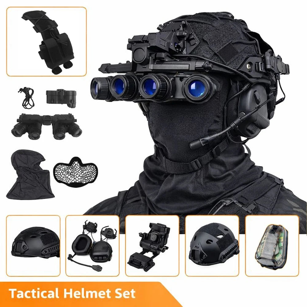 Airsoft Tactical FAST PJ Helmet Set with Camo Cover, Headset, GPNVG-18, L4G24 NVG Mount, Signal Light, Counterweight Pouch