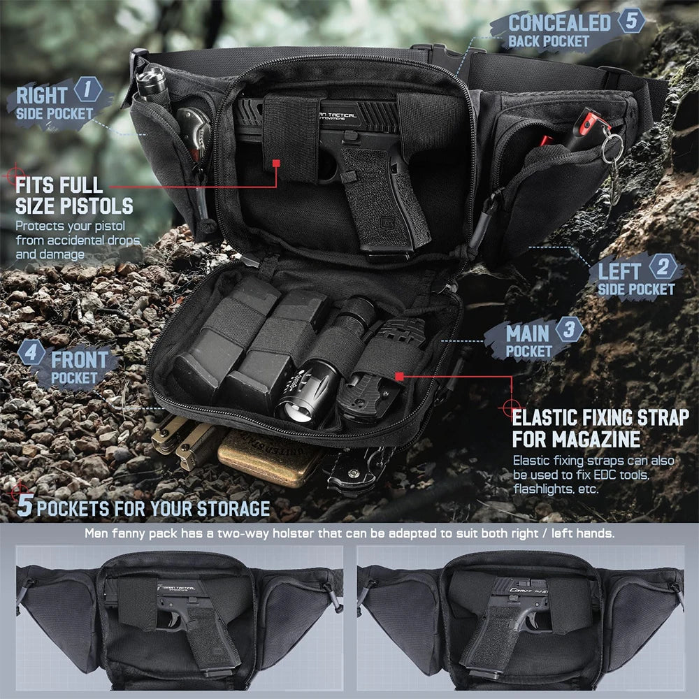 Tactical Fanny Pack Gun Holster Concealed Carry Pistol Waist Bag Molle EDC Pouch for Running Hiking Cycling Camping Outdoor Bag