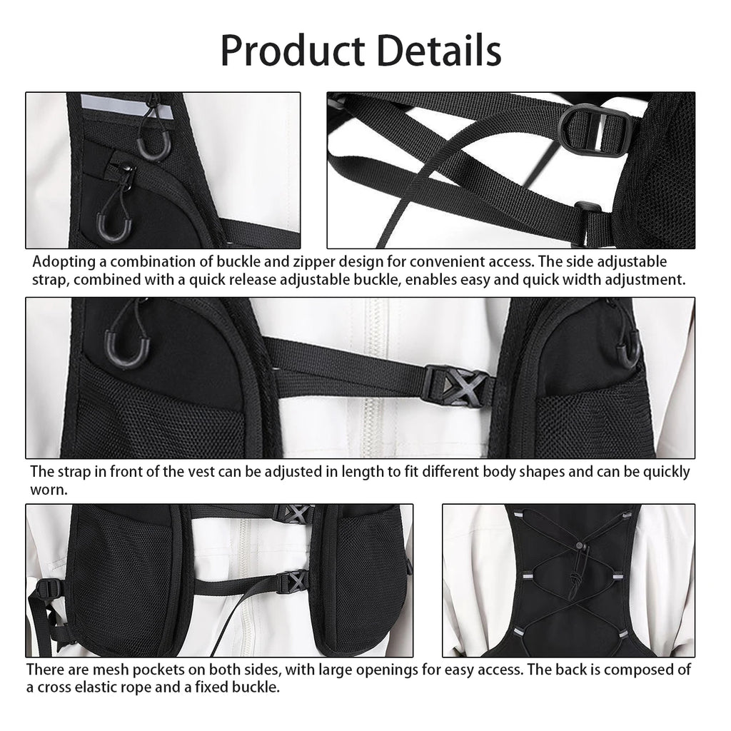 Black jacket vest with multiple pockets, quick release buckle for adjustable waist, outdoor sports reflective tape