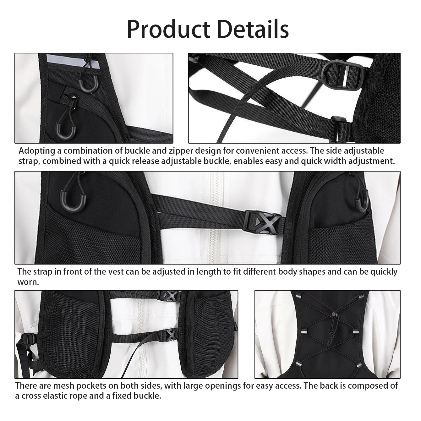 Black jacket vest with multiple pockets, quick release buckle for adjustable waist, outdoor sports reflective tape