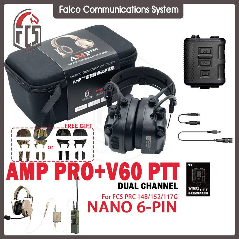 2026 AMP PRO Tactical Headset V60 PTT Multiple Functions Two Communication Channels 6-PIN for PRC148 152 Radios