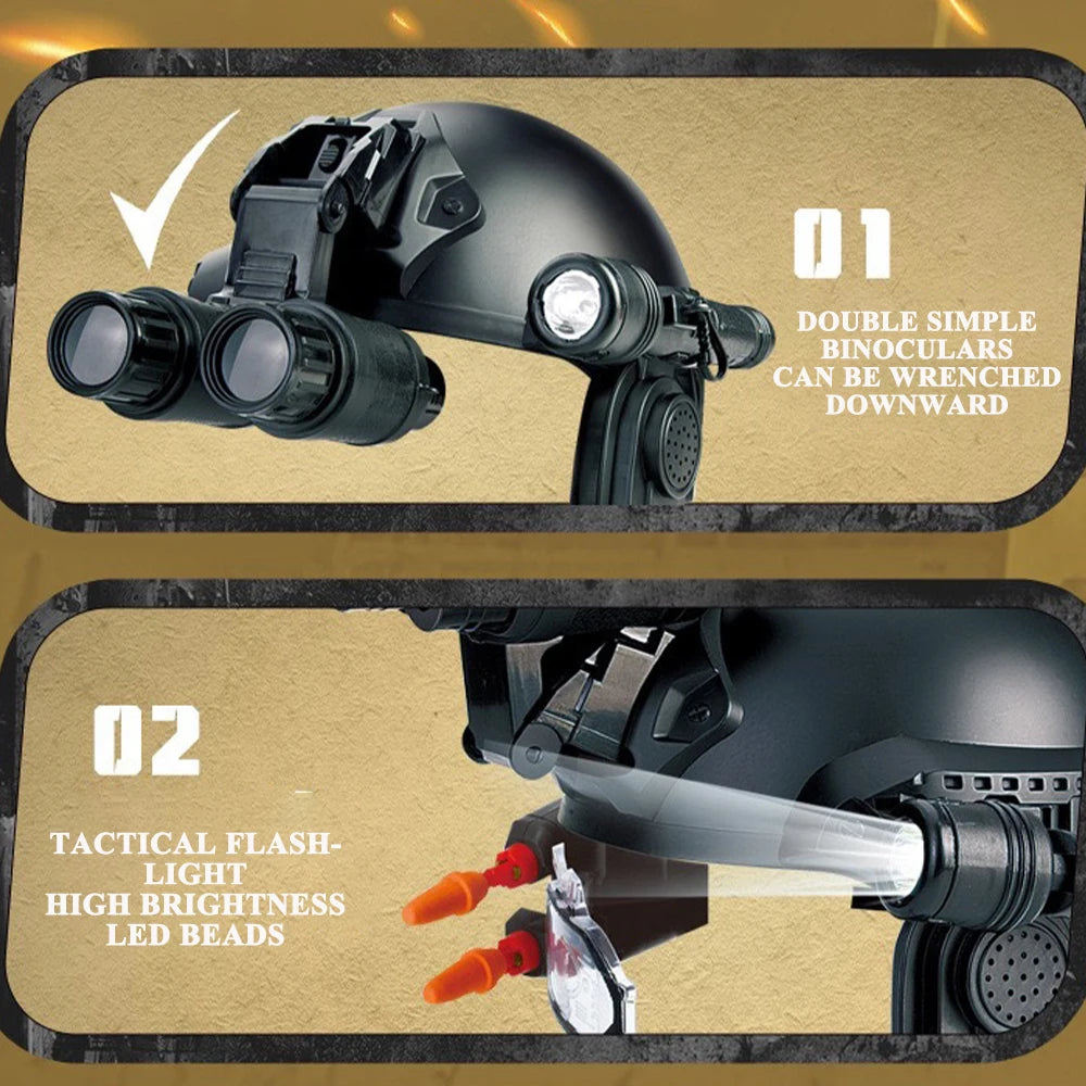 Children's Tactical Helmet Set CS Extended Protective Helmet With Flashlight Binoculars Missile Mike for Paintball Shooting Game