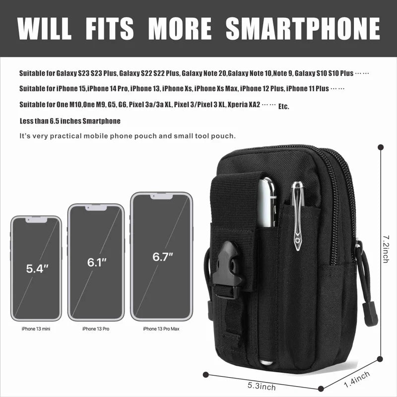 Tactical EDC Pouch Molle Waist Bag With Carabiner Heavy Duty Utility Belt Phone Holster Fits Large Smartphones & Tools