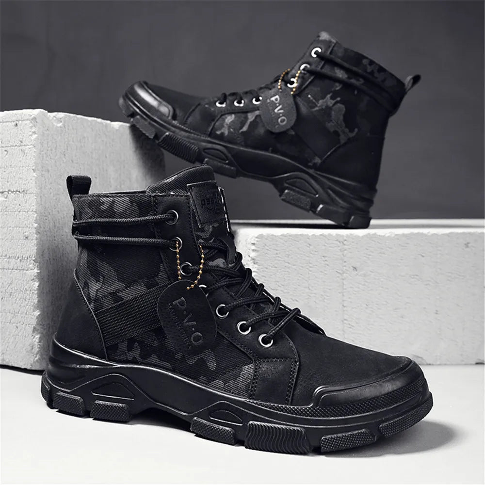 Men's canvas boots autumn winter new plus velvet high-top warm casual boots outdoor boots camouflage tooling boots desert boots