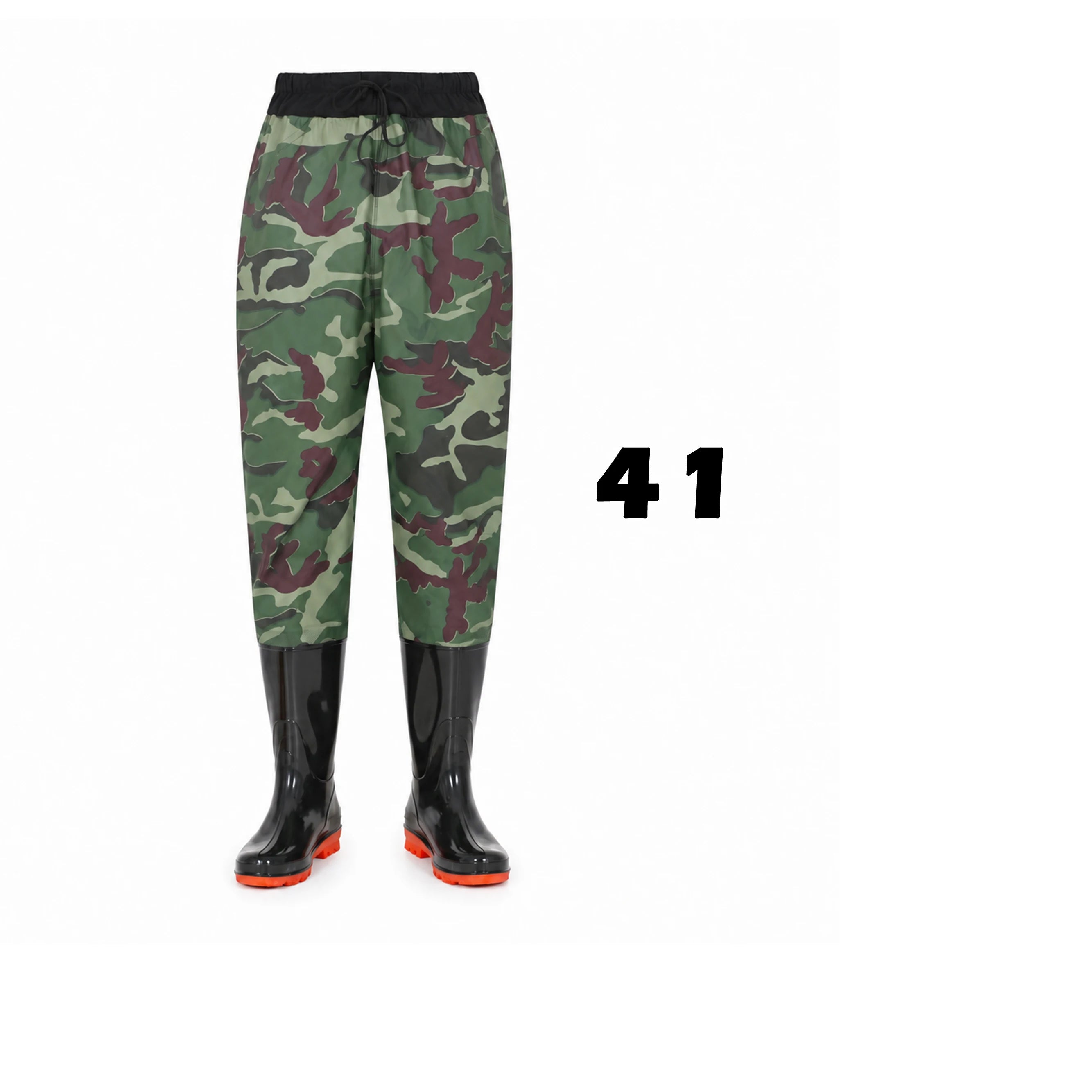 Camo Waist Waders Fishing Pants with PVC Boots, Adjustable Drawstring Wading Trousers, Lightweight Outdoor Hunting Hiking Gear