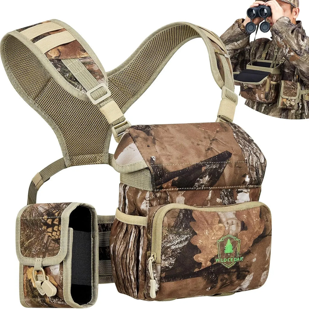 Wild Cedar Binocular Harness Chest Pack with Rangefinder Pouch, Bino Harness with Rain Cover for Bird Watching, Hunting, Hiking
