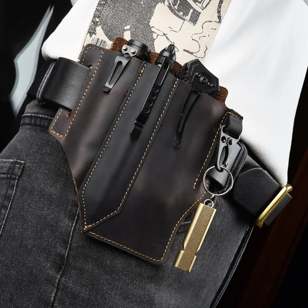 2026 New Leather Tool Pouch with Belt Loops for Men, Pocket Organizer with Multitool Pouch Flashlight Holster EDC Belt Pouch