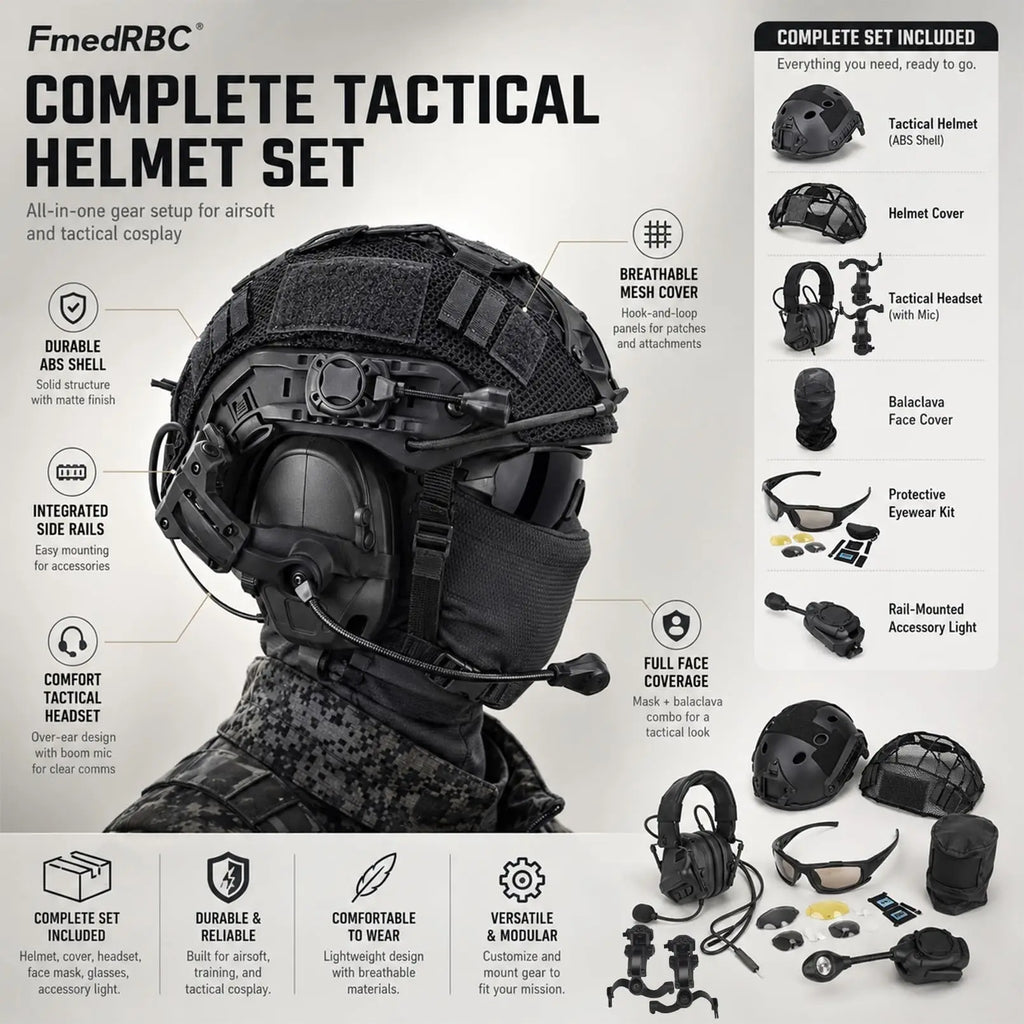 Full Tactical Airsoft Helmet Set with Communication Headset Goggles Rail-Mounted Light for Paintball CS Cosplay Outdoor Sports