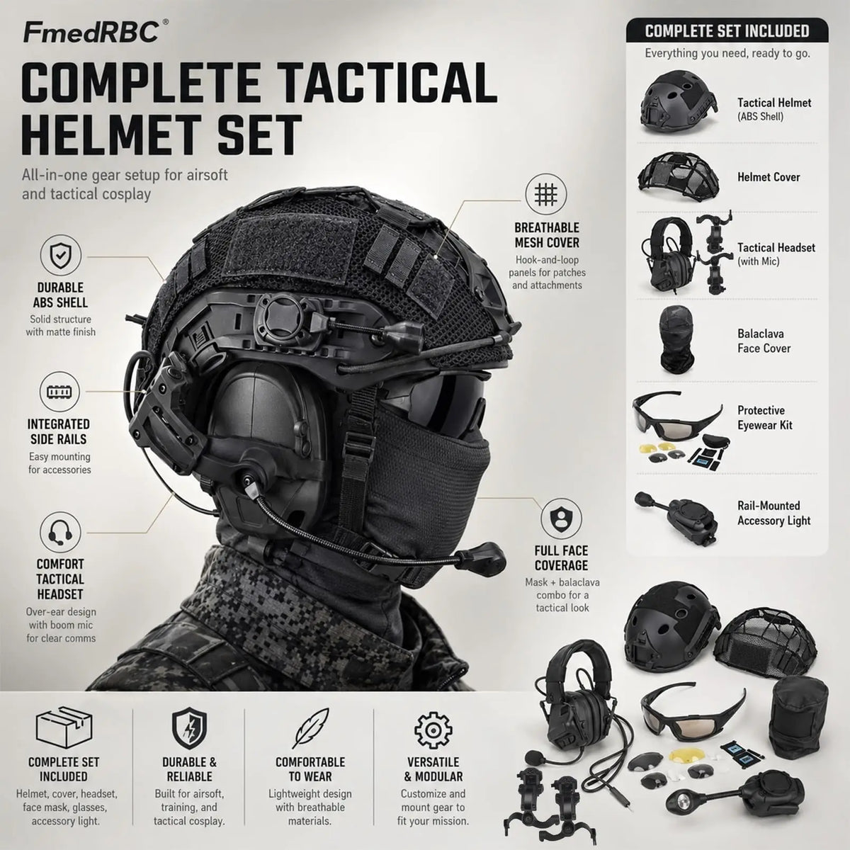 Full Tactical Airsoft Helmet Set with Communication Headset Goggles Rail-Mounted Light for Paintball CS Cosplay Outdoor Sports