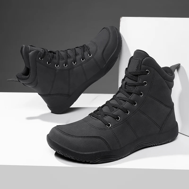 Outdoor Wide Toe Barefoot Men Hiking Boots Minimalist Leather Ankle Boots Zero Soles Winter Couple Walking Casual Sneakers