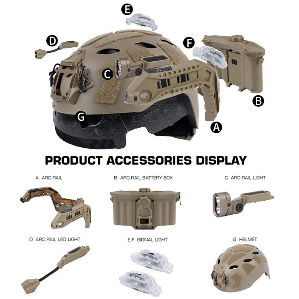 Tactical Modular ARC Rail Fast Helmet Set with Modular ARC Rail IR Light, LED Flashlight, Double Signal Light, Battery Box