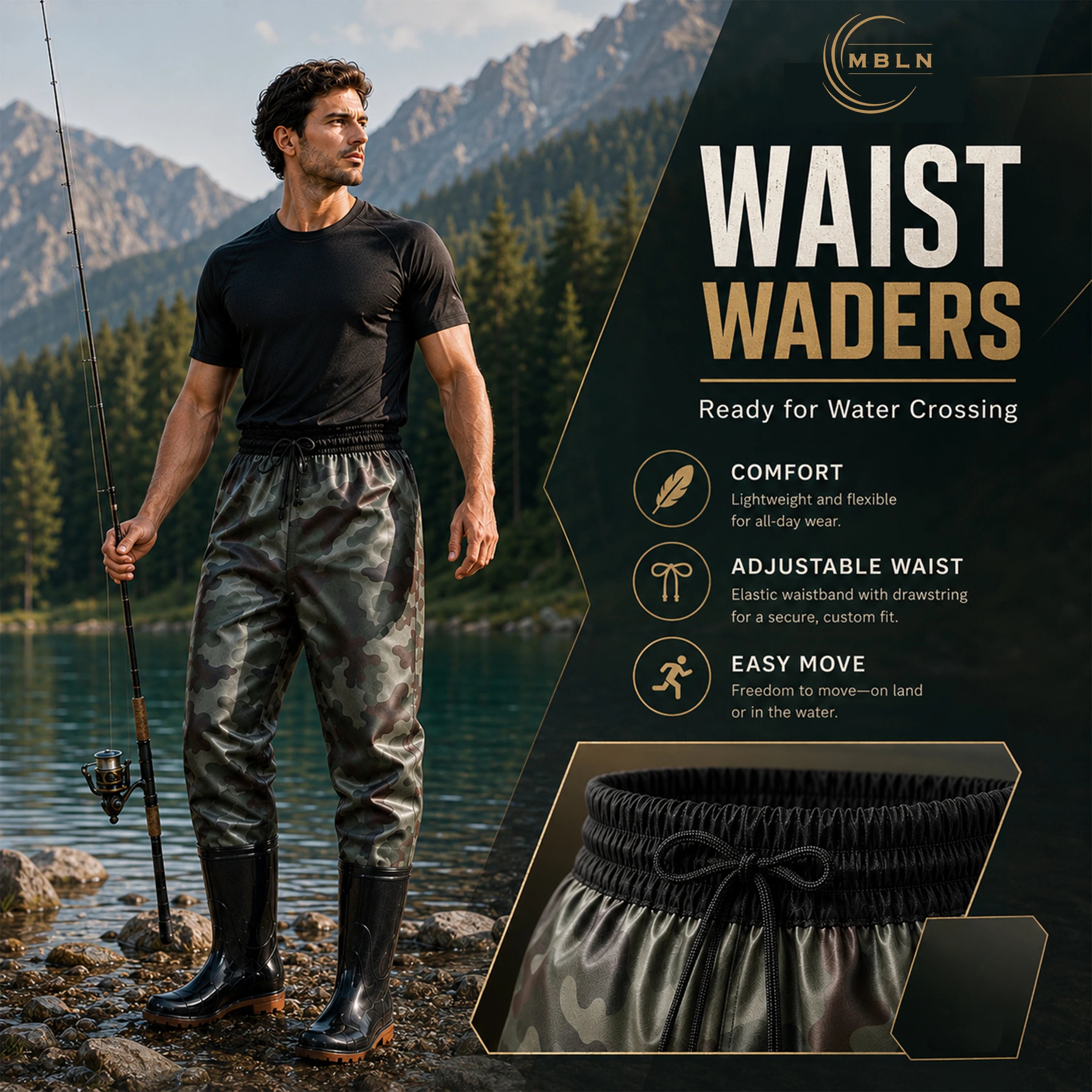 Camo Waist Waders Fishing Pants with PVC Boots, Adjustable Drawstring Wading Trousers, Lightweight Outdoor Hunting Hiking Gear