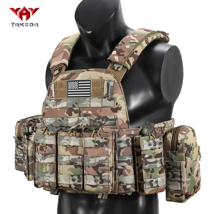YAKEDA The six piece hunting vest comes with a triple equipment bag and a large miscellaneous bag hanging from the back