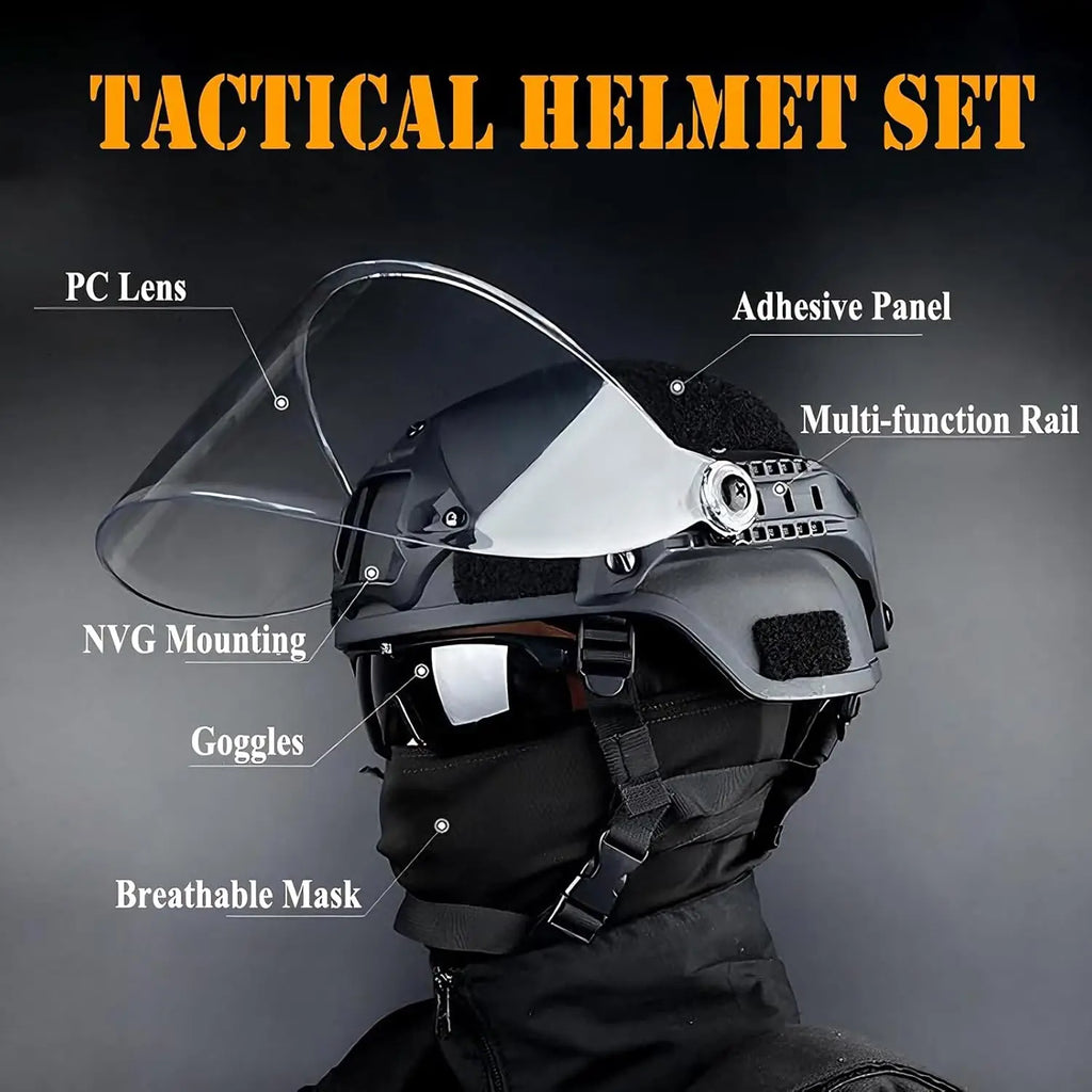 Tactical Helmet Set Adjustable Airsoft Helmet with Transparent Visor Goggles Full Face Mask for Outdoor Sports Hunting Shooting