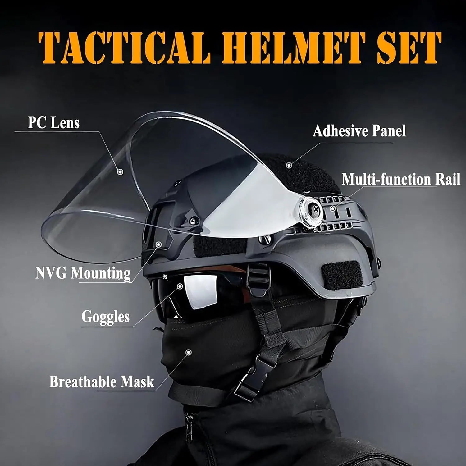 Tactical Helmet Set Adjustable Airsoft Helmet with Transparent Visor Goggles Full Face Mask for Outdoor Sports Hunting Shooting