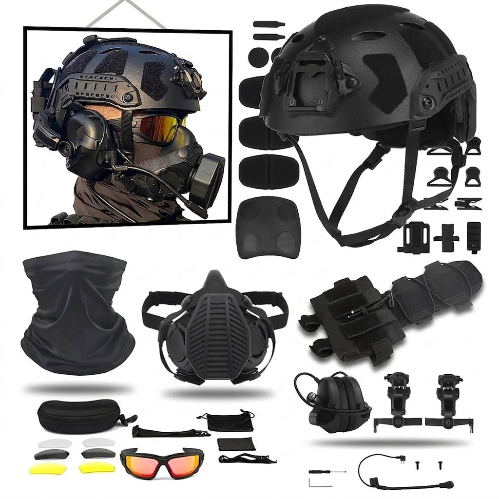 Tactical Helmet Set with Mask Goggles & Headset, Full Face Fast Helmet for Airsoft Paintball Shooting Gear, Military Cosplay