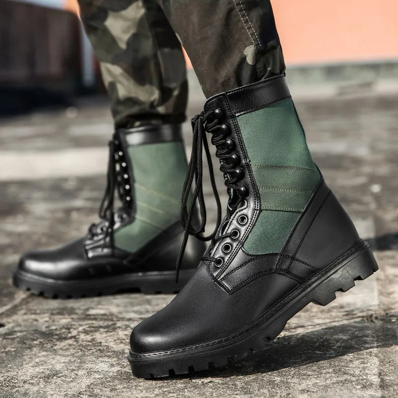 Men Combat Boots  Green Canvas Patchwork High Top Men Tactical Boots Lace Up Non Slip Outdoor Hiking Work Ankle Boots Men