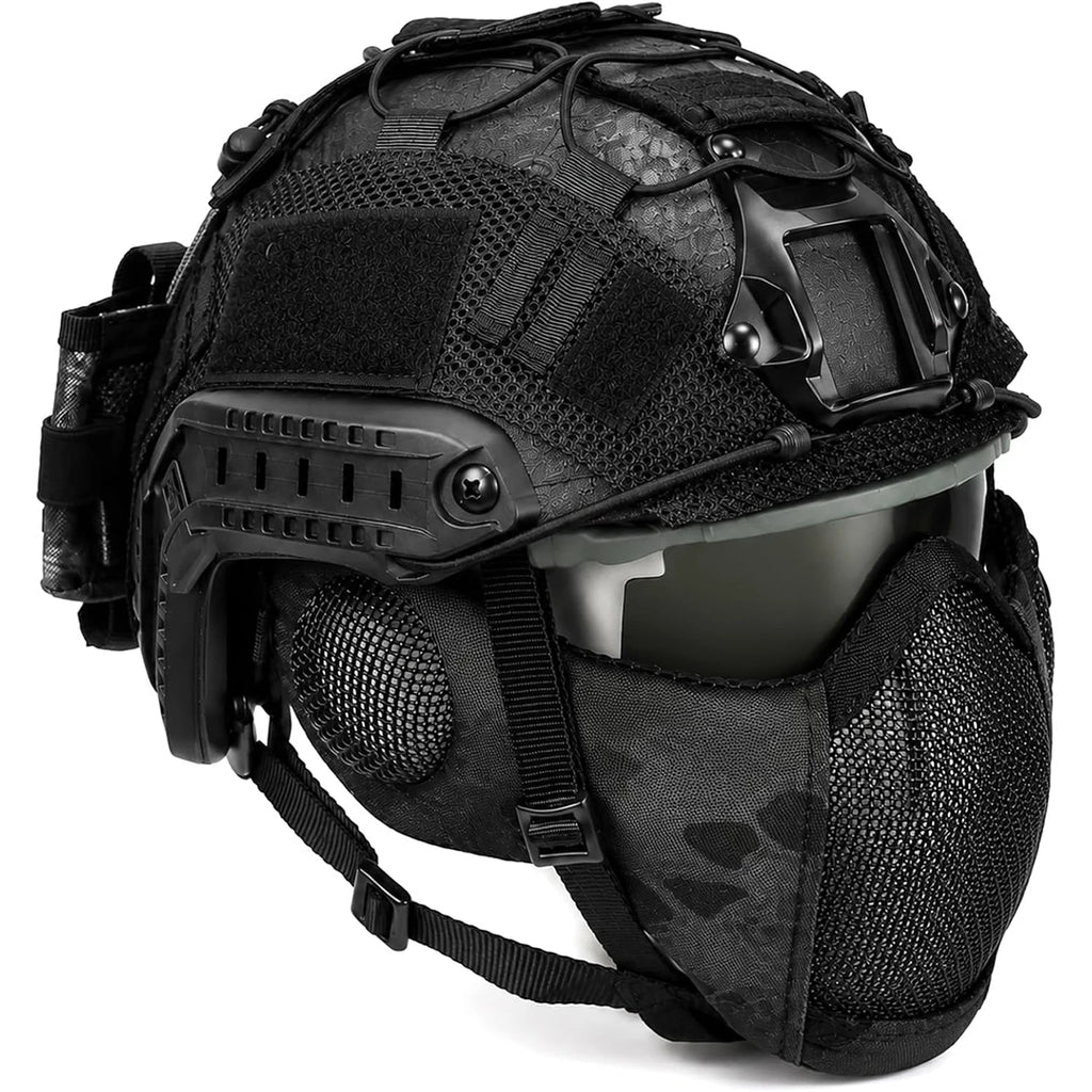 Tactical Airsoft Helmet Set with Mesh Mask Goggles Helmet Cover Rear Battery Pouch with for Paintball Hunting Military Training